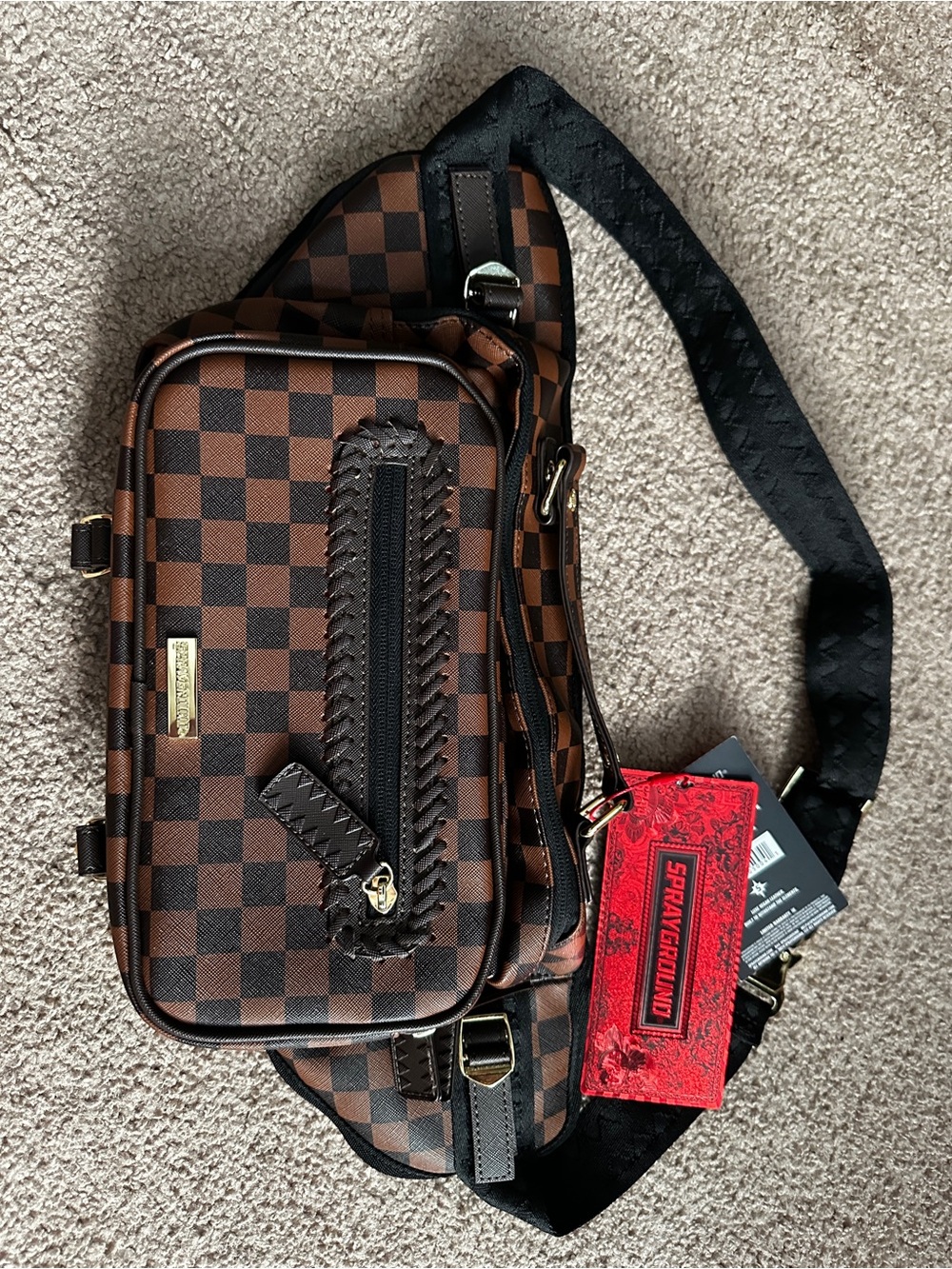Sprayground Brown Checkerboard Men’s Sling Belt Bag